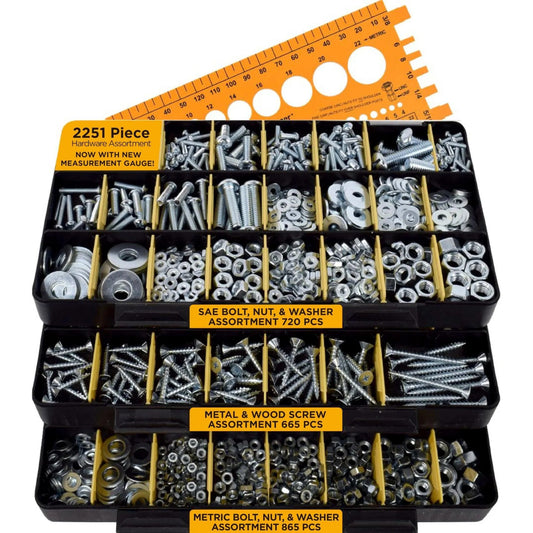 2251 Piece Hardware Assortment Kit with Screws Nuts Bolts and Washers Featuring 3 Stackable Trays 62 Sizes Including Wood Screws Sheet Metal Screws SAE and Metric Bolts Nuts and Washers for DIY and Maintenance