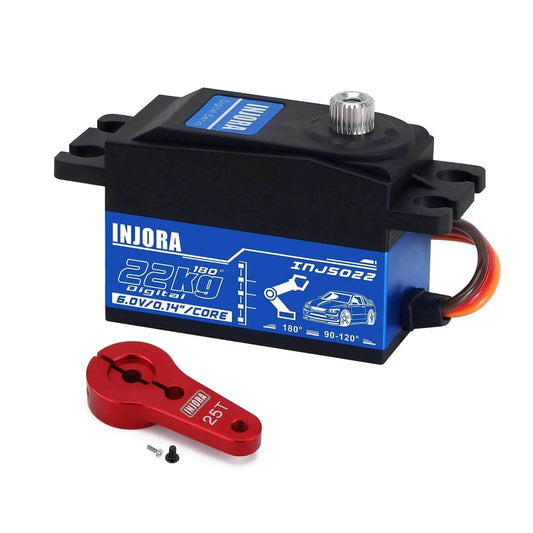22KG Low Profile Digital Servo and 25T Servo Horn for 1/10 RC Car Robot Model Upgrade, black and blue casing, red horn.