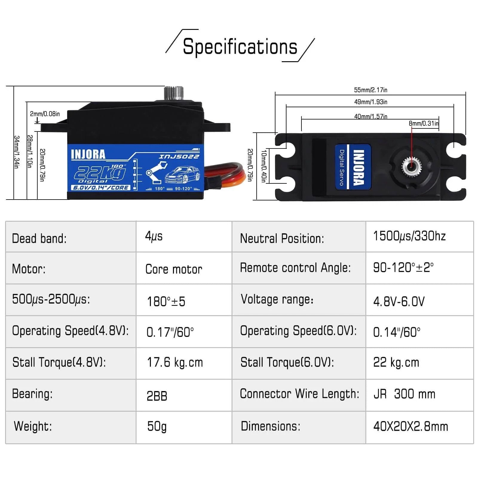 Specifications and dimensions of 22KG Low Profile Digital Servo and 25T Servo Horn for 1/10 RC Car Robot Model Upgrade