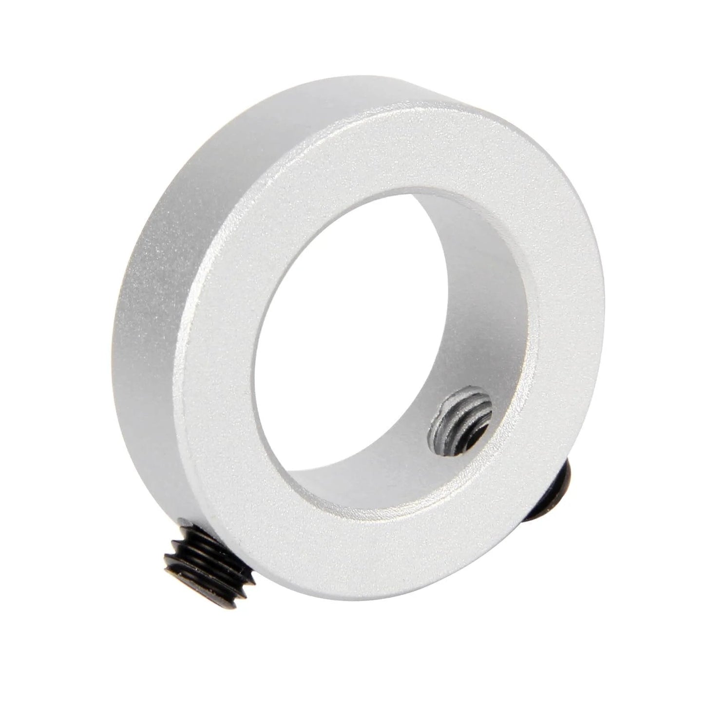 Close-up of a single aluminum 22mm bore shaft collar with screw clamp, 35mm outer diameter, 10mm width