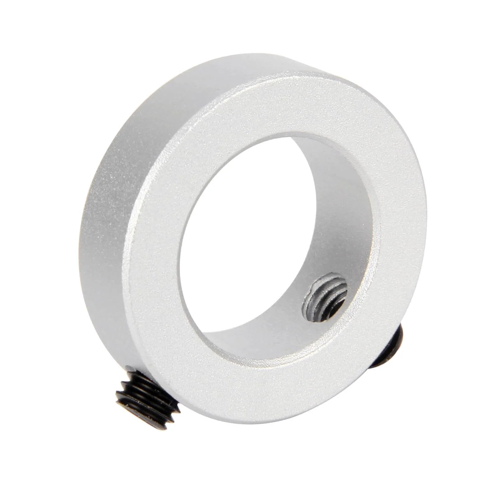 Close-up of a single aluminum 22mm bore shaft collar with screw clamp, 35mm outer diameter, 10mm width