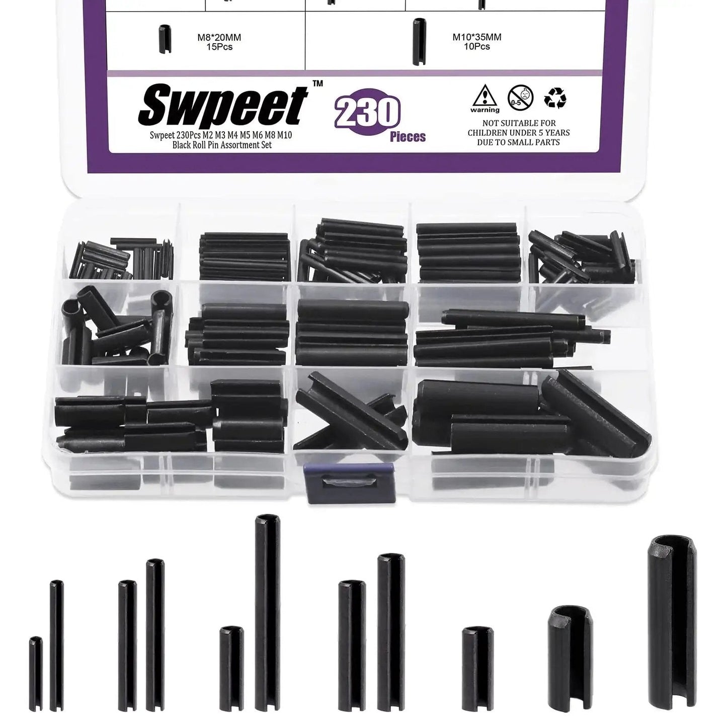 230 Piece Black Metric Roll Pin Set With Storage Case Includes 11 Sizes M2 M3 M4 M5 M6 M8 M10 Slotted Spring Pins Steel Dowel Pins For Home Improvement And Automotive Repair Great For DIY Projects And Quick Fixes displayed in open case with various pin sizes visible