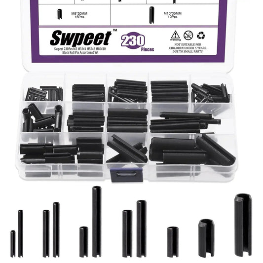230 Piece Black Metric Roll Pin Set With Storage Case Includes 11 Sizes M2 M3 M4 M5 M6 M8 M10 Slotted Spring Pins Steel Dowel Pins For Home Improvement And Automotive Repair Great For DIY Projects And Quick Fixes displayed in open case with various pin sizes visible