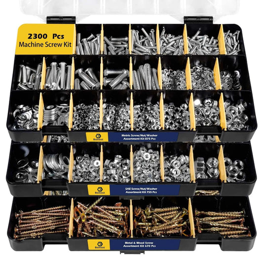 2300 Piece Hardware Assortment Kit with Metric and SAE Machine Screws Nuts Bolts and Washers Featuring 3 Stackable Trays Including Phillips Head Bolts Torx Wood Screws Sheet Metal Screws and Anchors