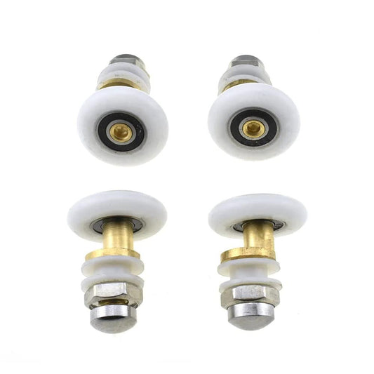23mm diameter brass shower door wheels with nylon rollers and stainless steel screws, smooth rolling ball bearing runners designed for easy install, quiet glide, durable replacement wheels for shower doors, drawers and sliding track systems