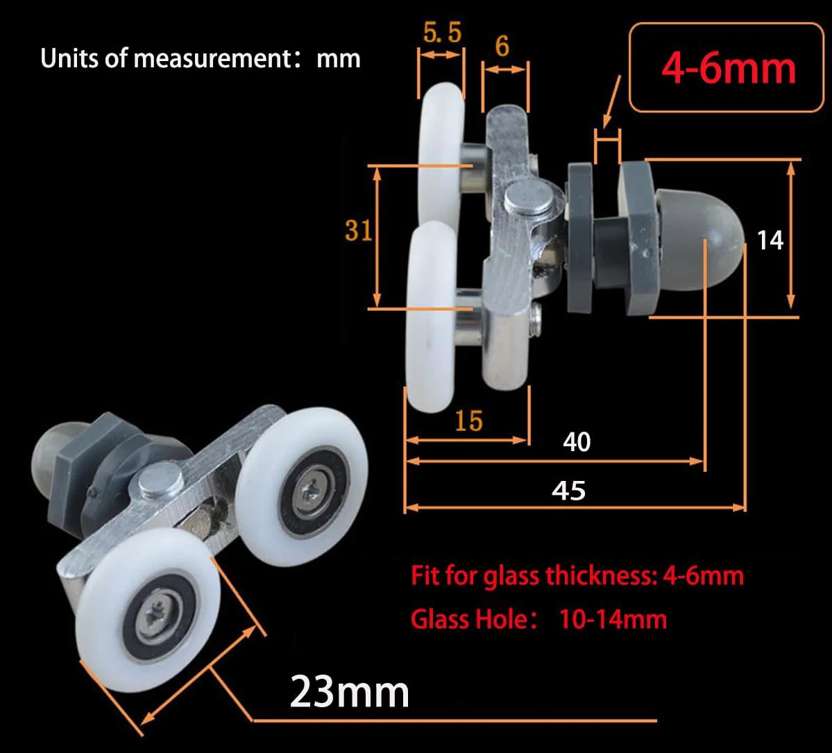 6PCS 23mm shower door rollers replacement with sliding wheels and runners, side view with measurements for curved glass doors