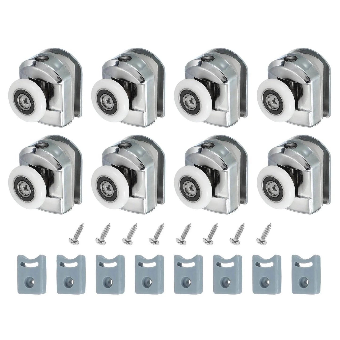 23mm shower door rollers replacement set with single runners wheels and pulleys, silver finish, screws, anti collision blocks