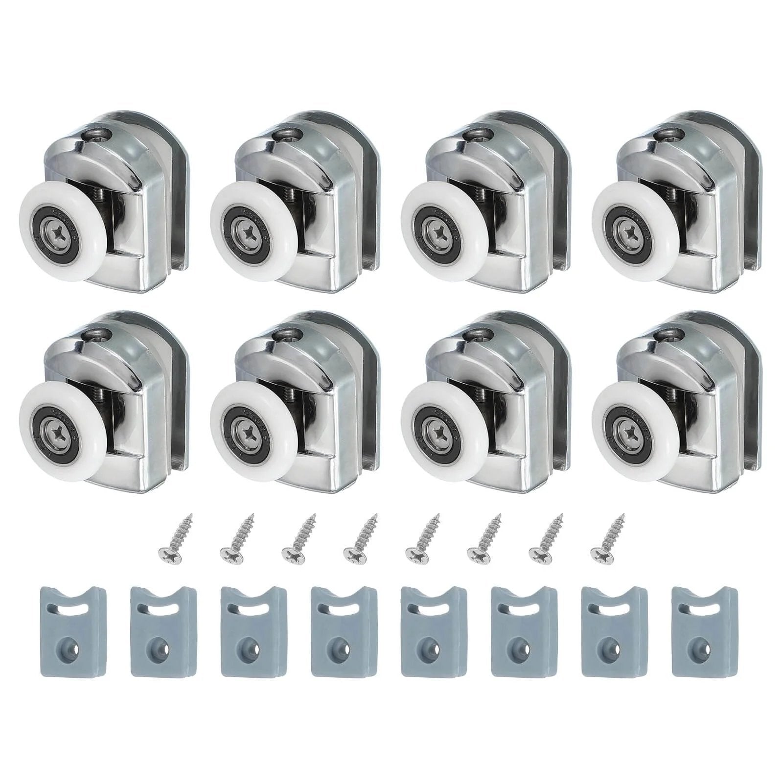 23mm shower door rollers replacement set with single runners wheels and pulleys, silver finish, screws, anti collision blocks