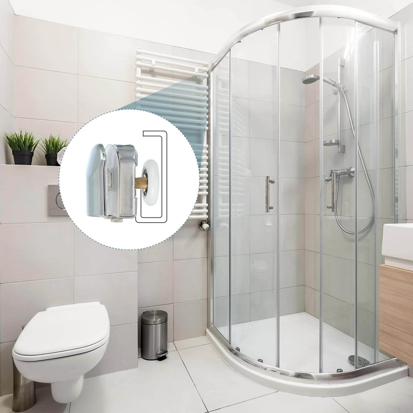23mm shower door rollers replacement set with single runners wheels and pulleys in bathroom, silver finish, installed on curved enclosure