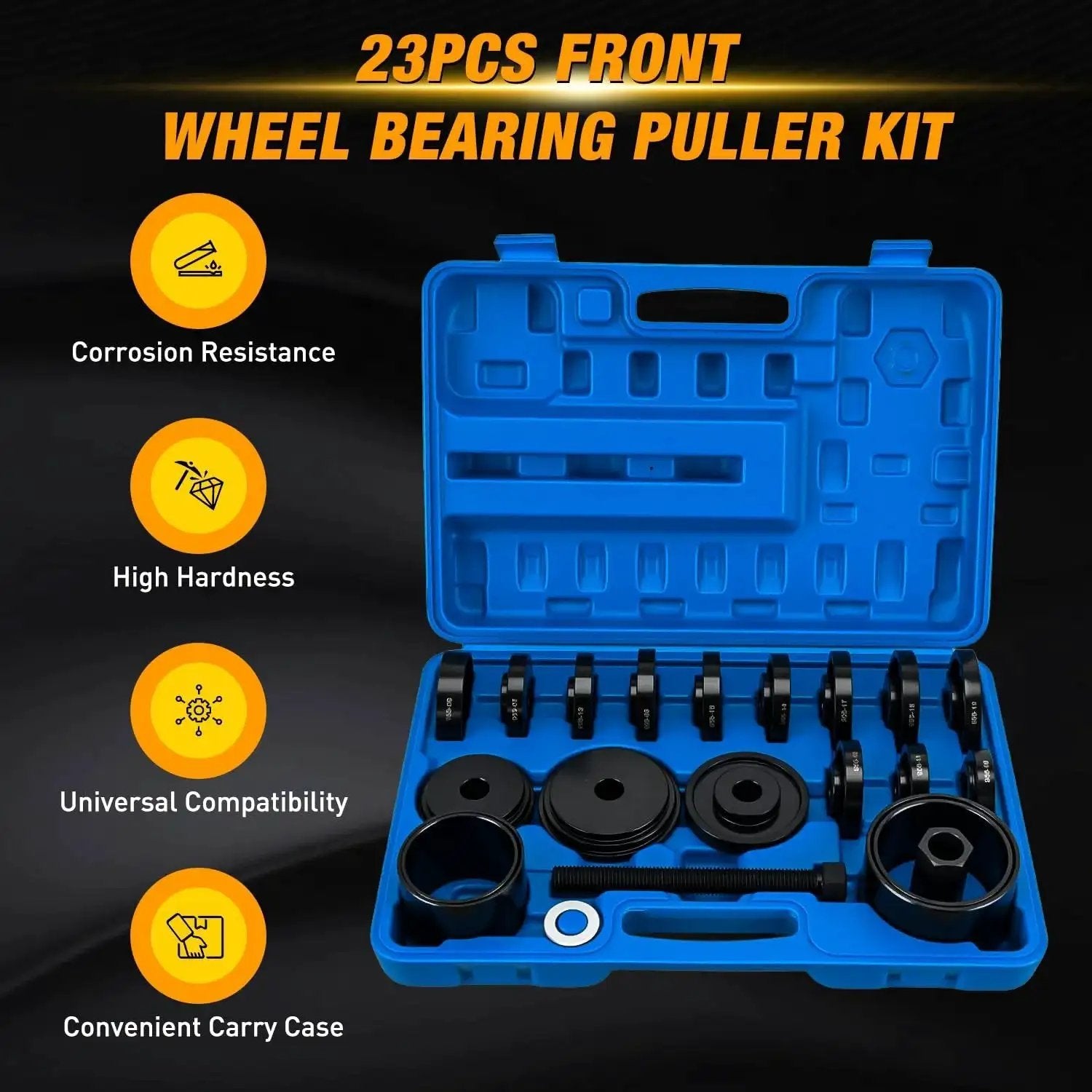 Open blue case of Wheel Bearing Removal Tool Kit 23 Piece Set for Front Wheel Drive Vehicles with bushings and sleeves displayed.