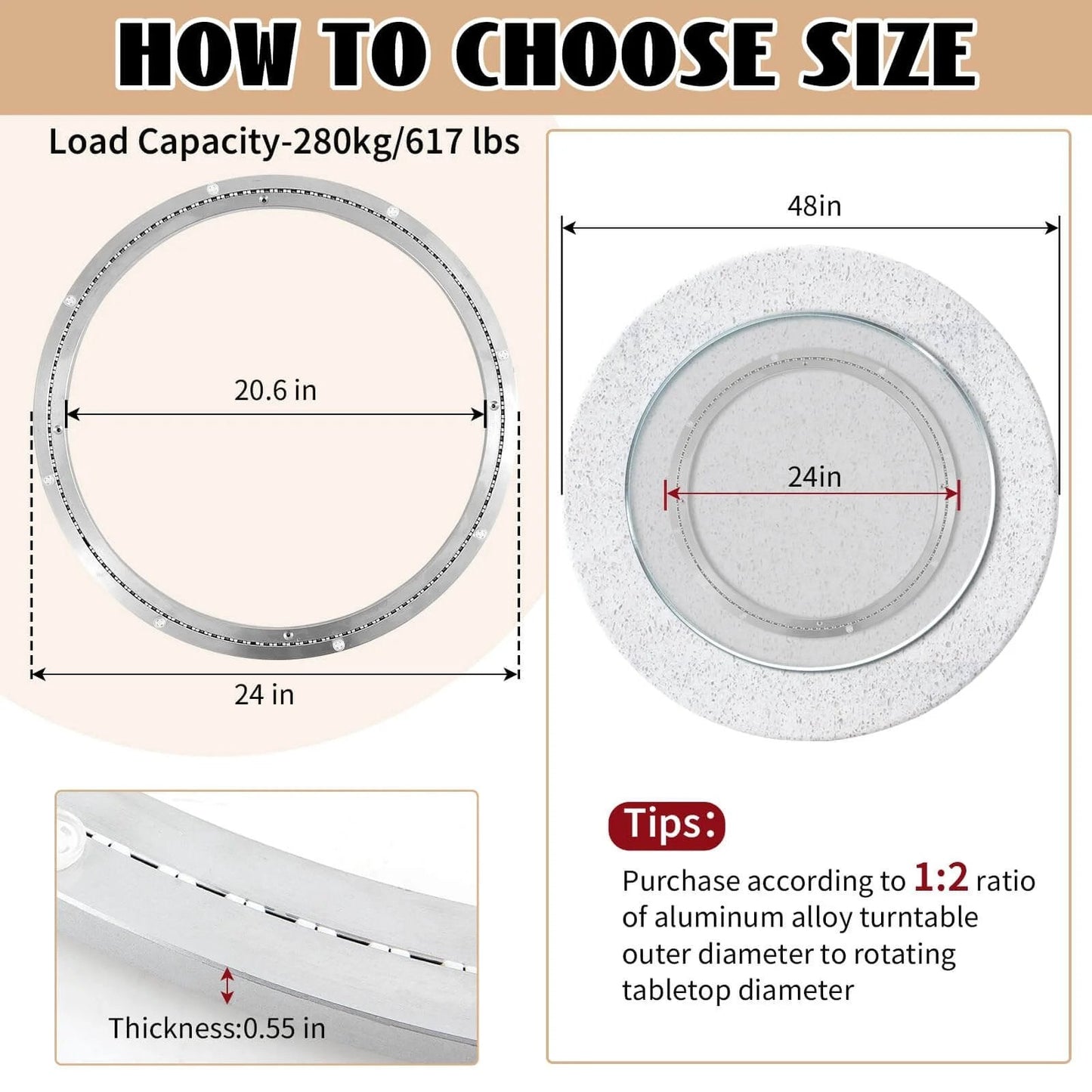 Diagram showing the 24 Inch Aluminum Alloy Lazy Susan Turntable Bearing with size details and tips for choosing appropriate size.