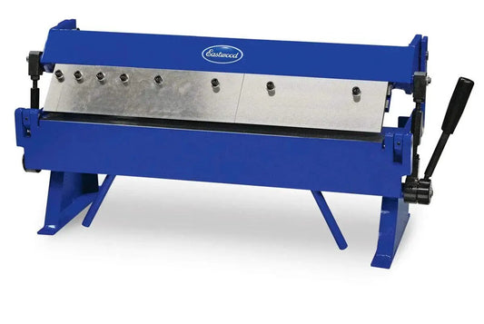 Front view of blue 24 Inch Box And Pan Sheet Metal Brake With Five Adjustable Fingers for small shops. Bends up to 24 inches wide.