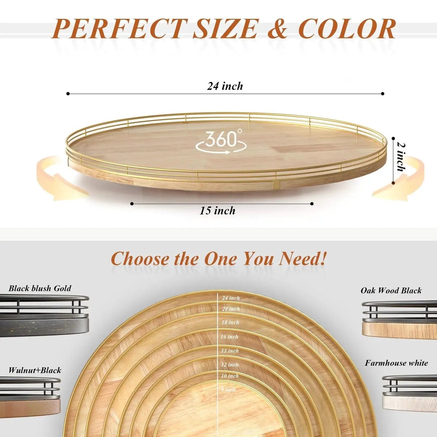 Extra Large 24 Inch Lazy Susan Turntable With Solid Oak Wood And Iron Rustic Farmhouse Style Rotating Tray diagram with size
