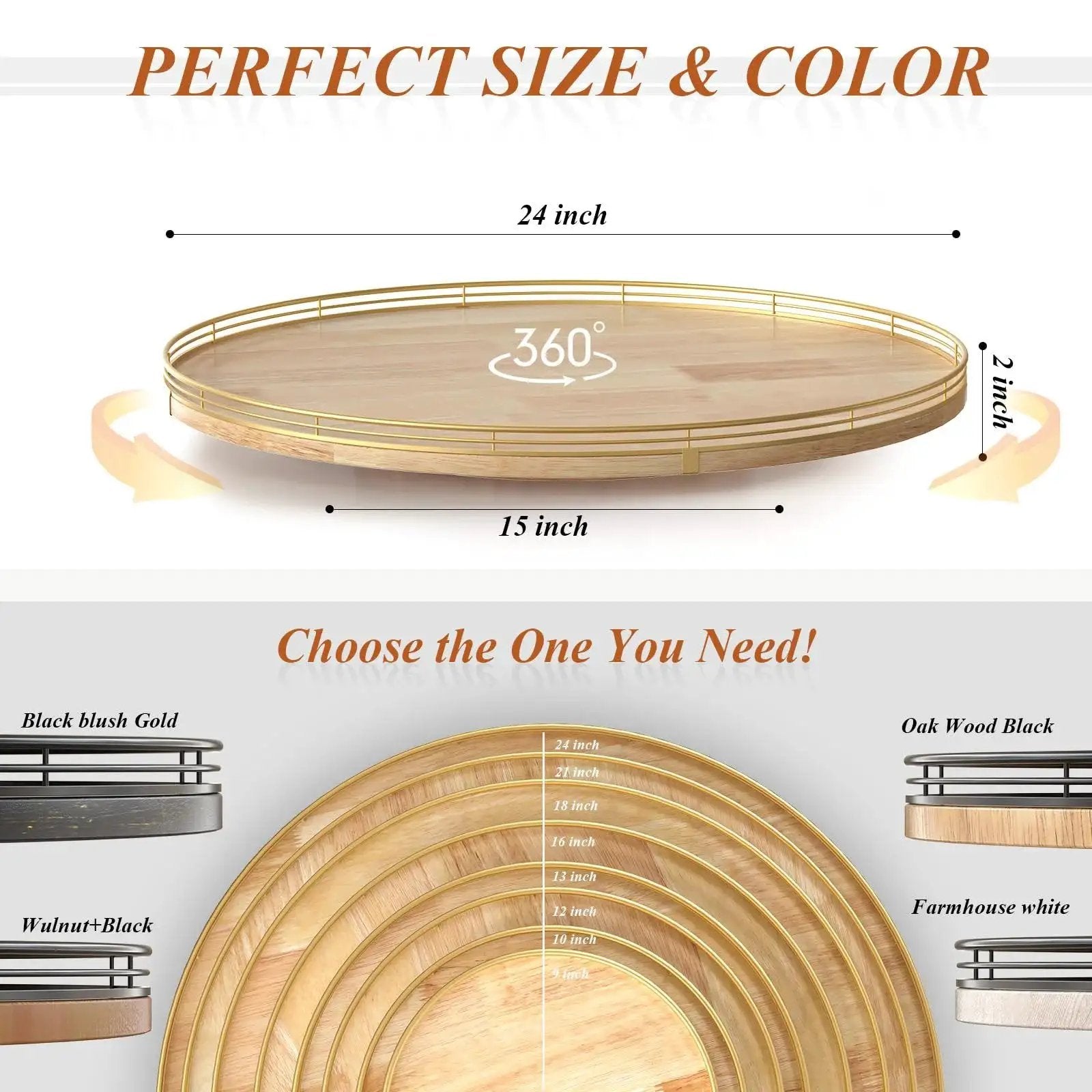 Extra Large 24 Inch Lazy Susan Turntable With Solid Oak Wood And Iron Rustic Farmhouse Style Rotating Tray diagram with size