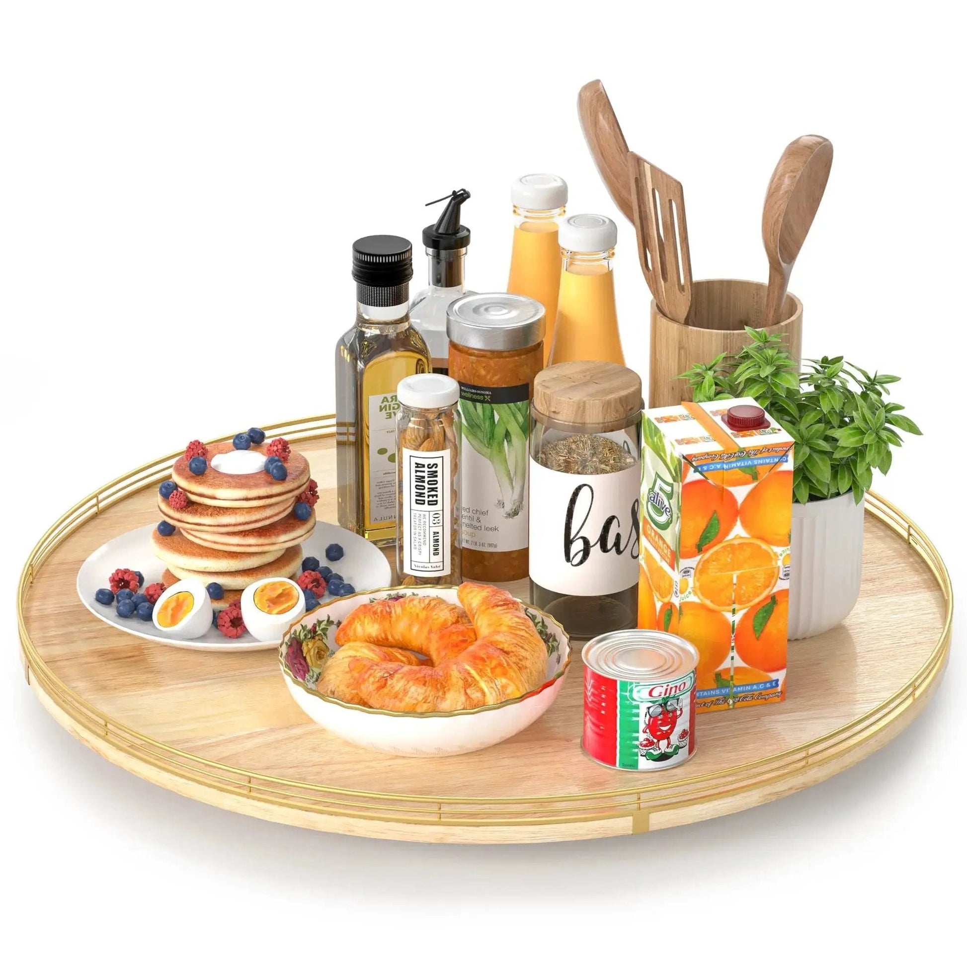 Extra Large 24 Inch Lazy Susan Turntable with solid oak wood and iron frame, showcasing breakfast items on a rustic rotating tray.