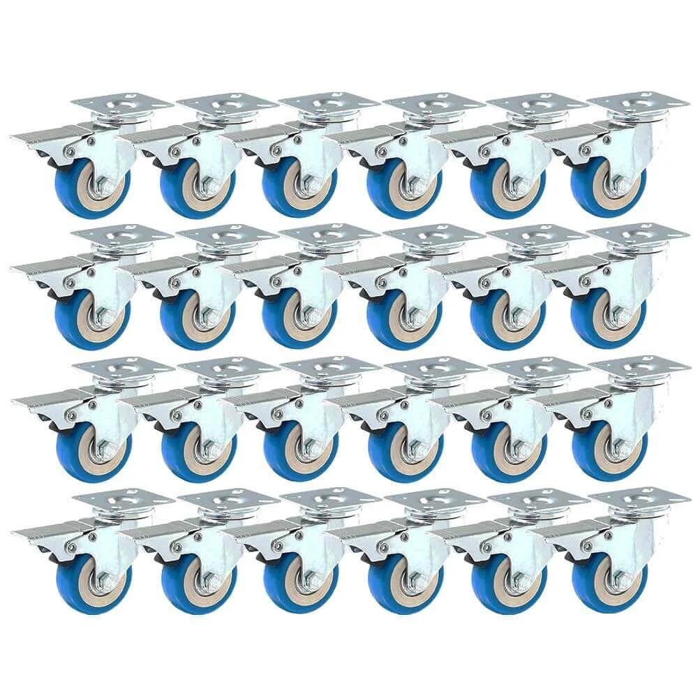24 pack caster swivel plate with brake on blue polyurethane wheels, 2 inch locking swivel casters designed for smooth rolling and secure stopping