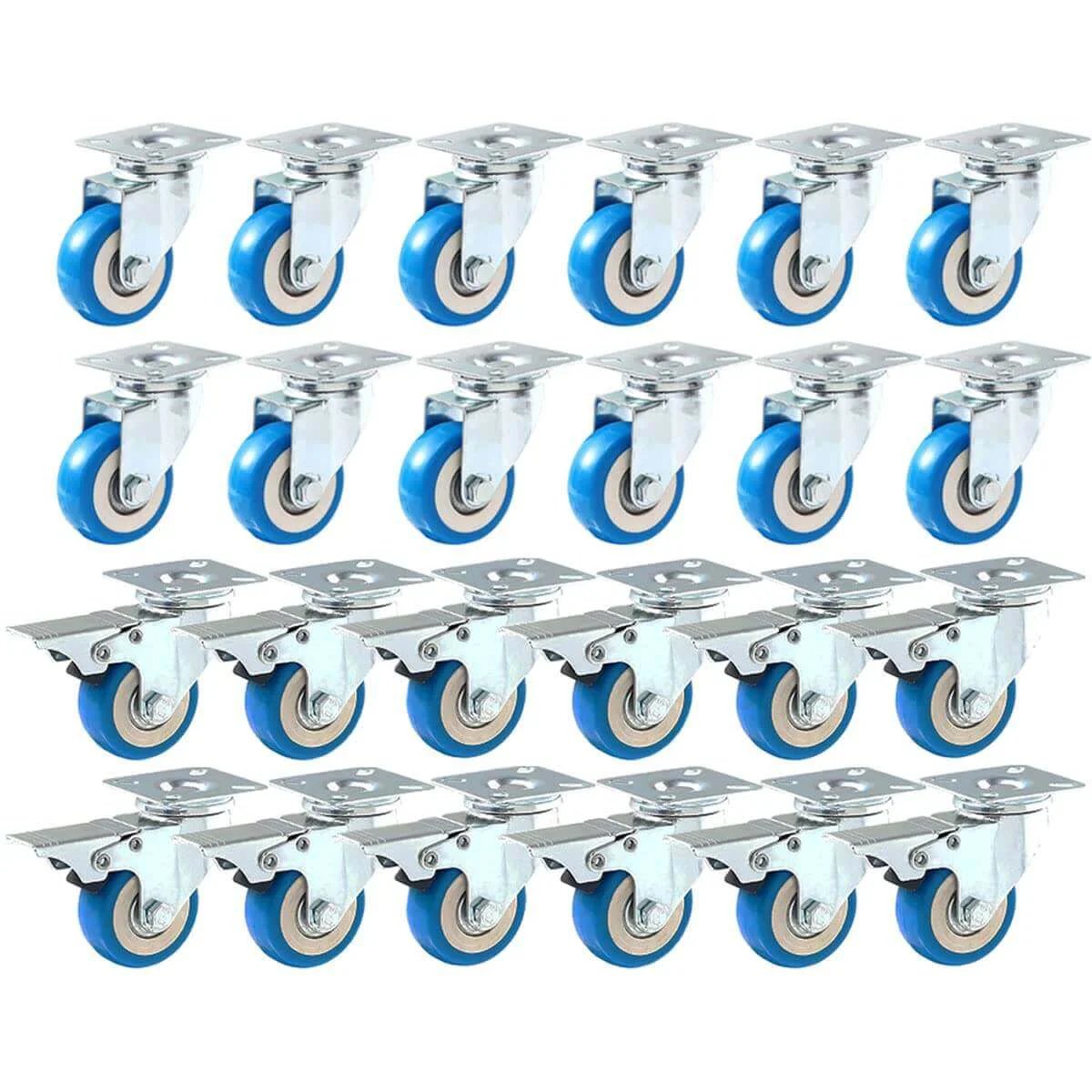 24 pack 2 inch swivel plate caster wheels with blue polyurethane, including 12 locking casters and 12 non locking casters for furniture and carts