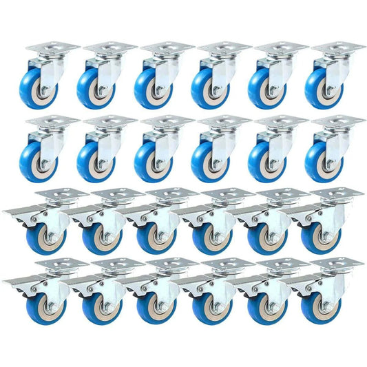 24 pack 2 inch swivel plate caster wheels with blue polyurethane, including 12 locking casters and 12 non locking casters for furniture and carts
