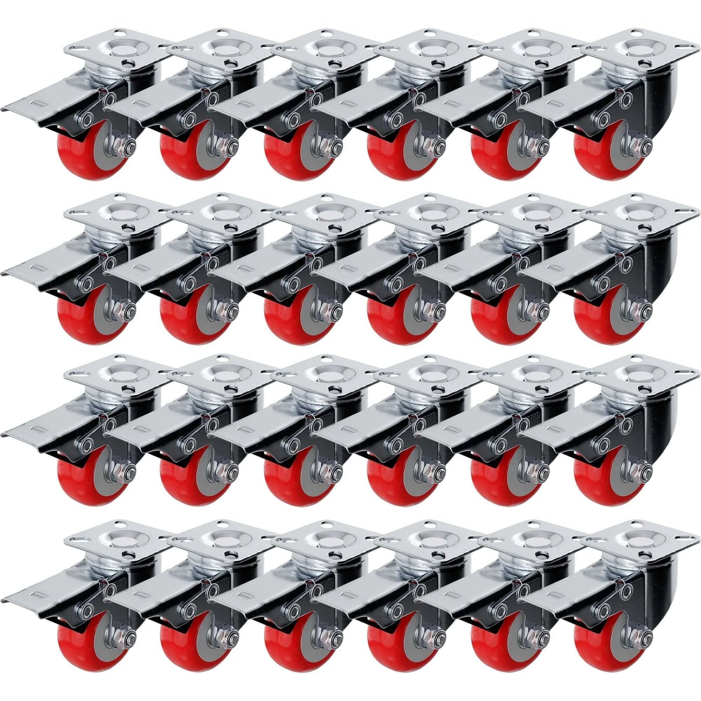 24 pack 2 inch caster wheels with swivel plate and brake, red polyurethane locking casters designed for smooth rolling and solid holding