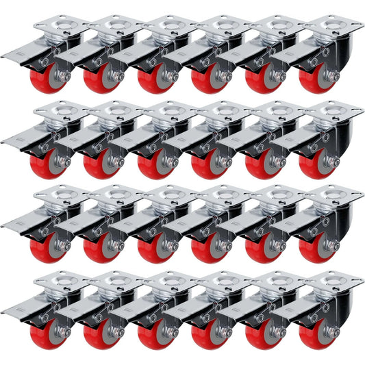 24 pack 2 inch caster wheels with swivel plate and brake, red polyurethane locking casters designed for smooth rolling and solid holding