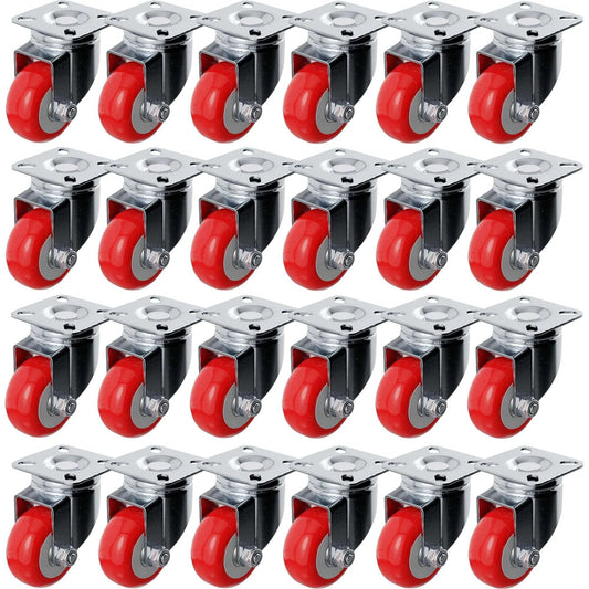 24 pack 2 inch swivel plate caster wheels with red polyurethane, no brake casters designed for furniture and carts