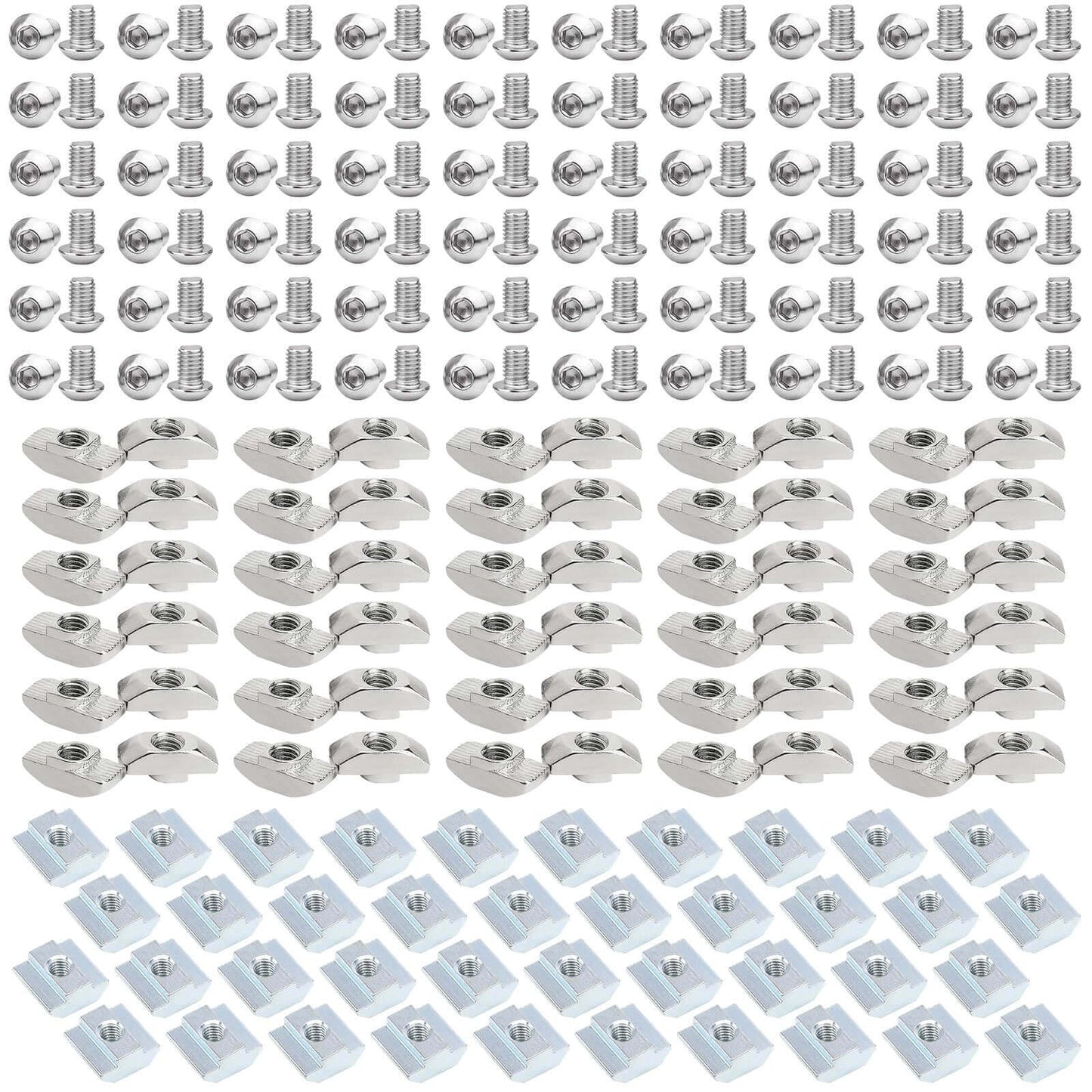 240 Pcs M5 T Nut and Screw Kit for 2020 Aluminum Extrusion with Silver M5 Hardware, designed for 6mm T Slot profiles and including matching screws and a wrench for secure, clean frame assembly.