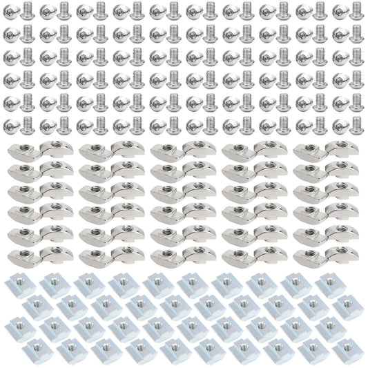 240 Pcs M5 T Nut and Screw Kit for 2020 Aluminum Extrusion with Silver M5 Hardware, designed for 6mm T Slot profiles and including matching screws and a wrench for secure, clean frame assembly.