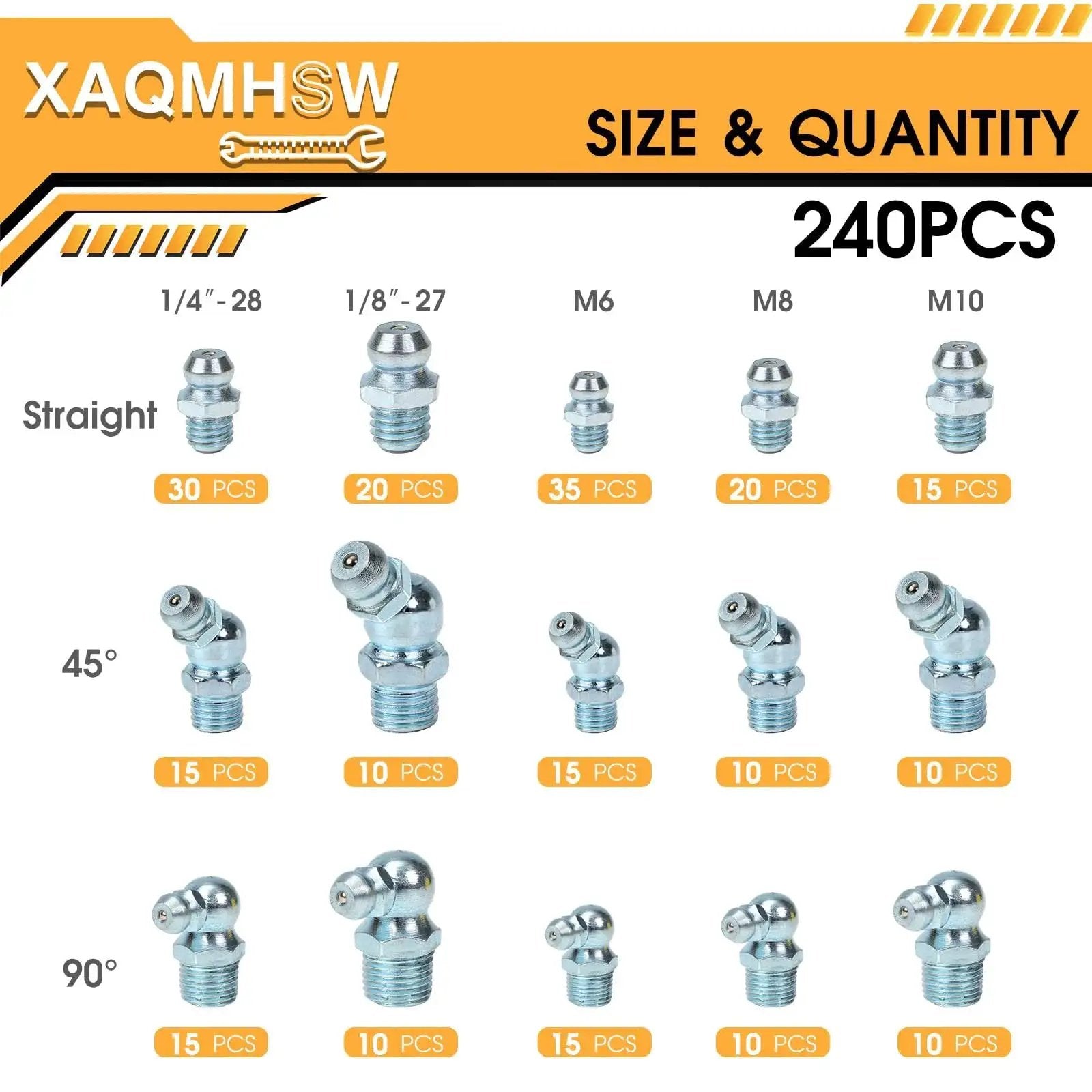 One-Stop 240-Piece Grease Fittings Set For SAE And Metric Zerk Nipples with various sizes and angles displayed