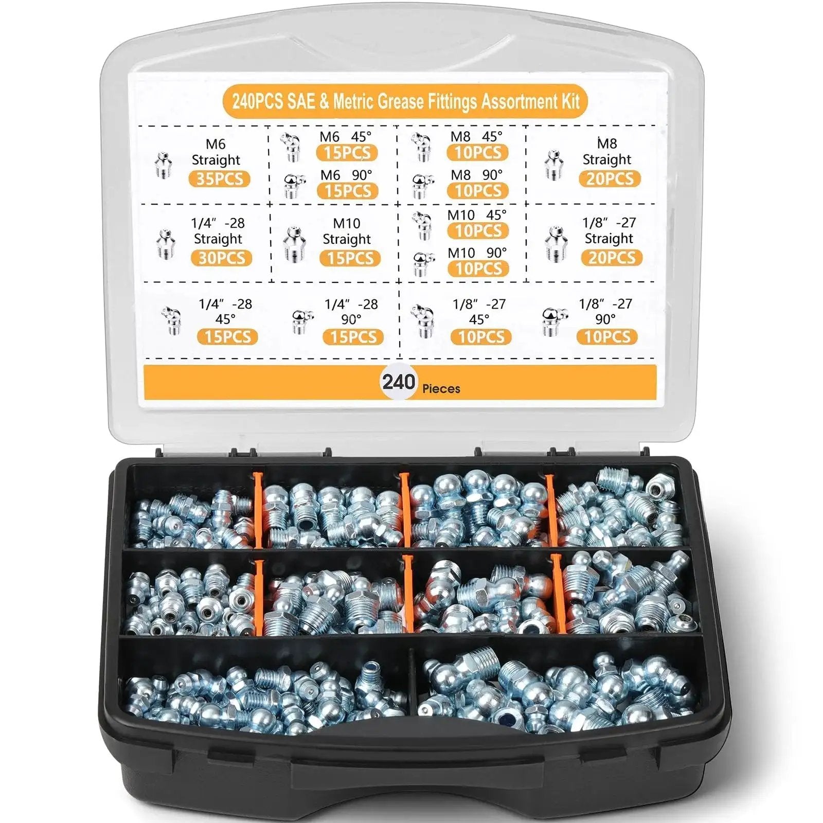 One-Stop 240-Piece Grease Fittings Set for SAE and Metric Zerk Nipples in case, zinc plated steel, various sizes and angles.