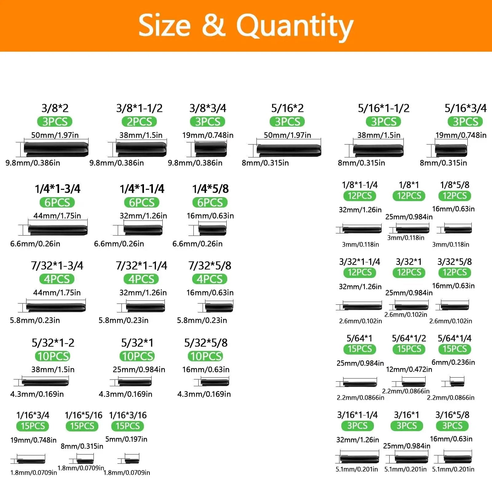 Chart showing sizes and quantities of pins in the Ultimate 248 Piece SAE Roll Pin Assortment Set with 10 sizes from 1/16 to 3/8 inch.