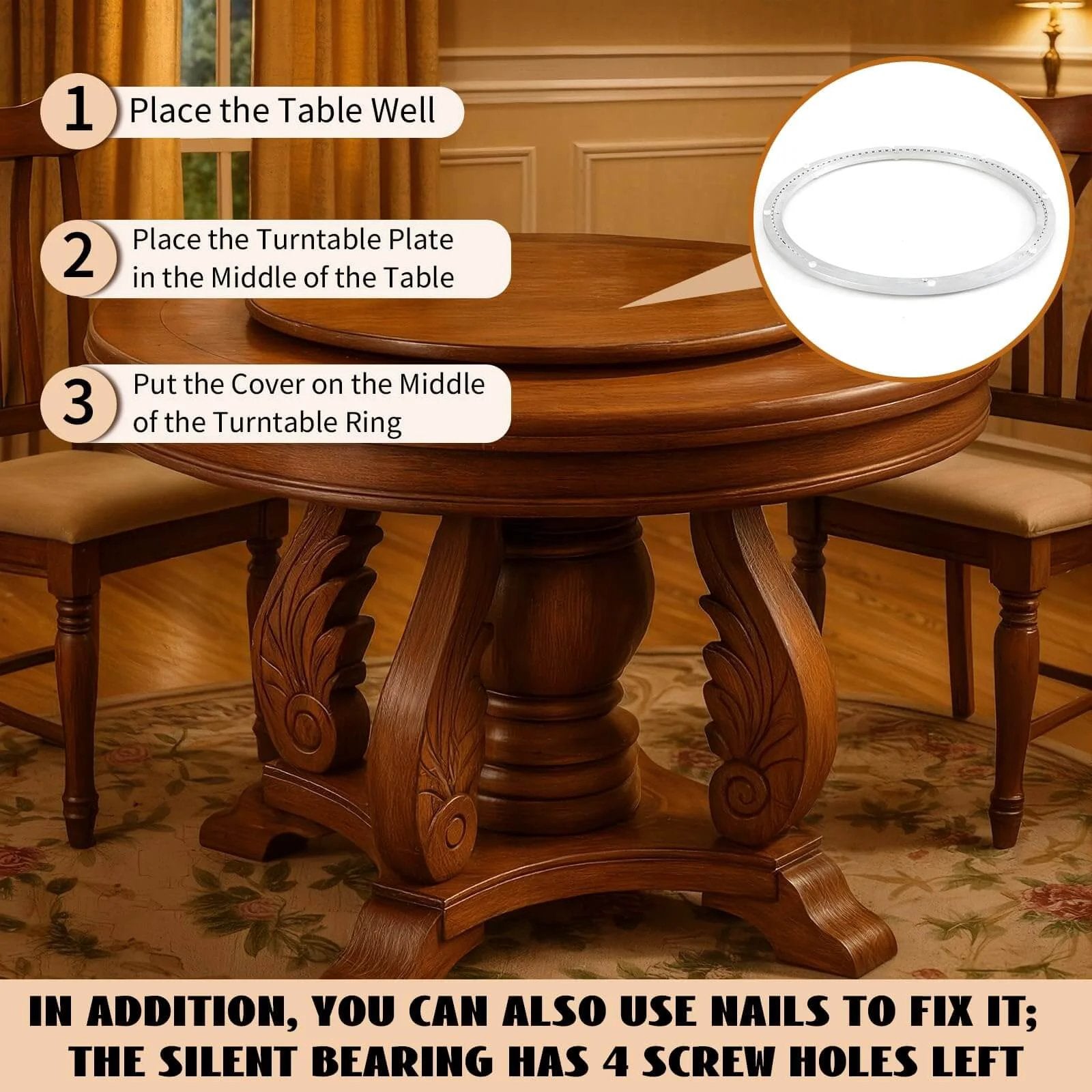 Instructions for installing 24 Inch Aluminum Alloy Lazy Susan Turntable Bearing on a wooden dining table, showing turntable placement.