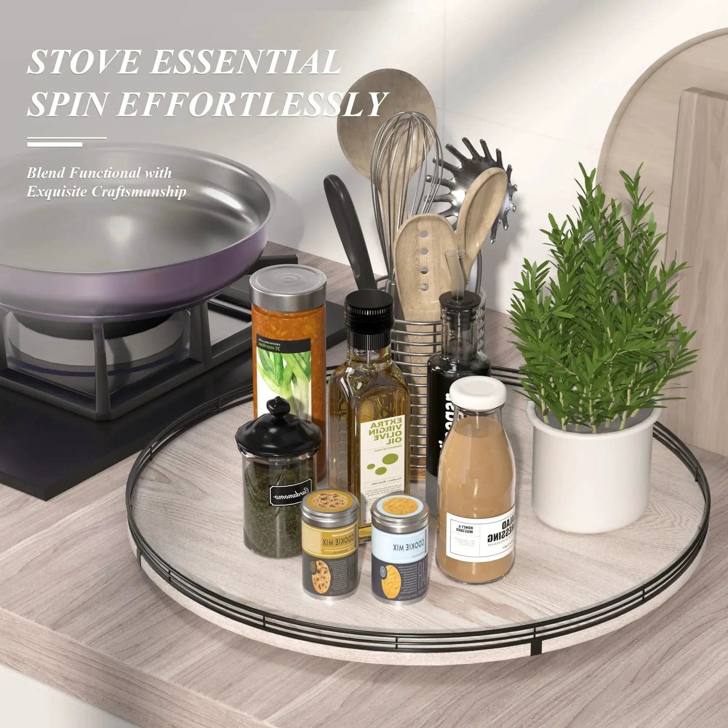 24 Inch Round Wooden Lazy Susan Turntable with spices and utensils on kitchen countertop