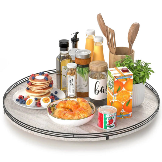 24 Inch Round Wooden Lazy Susan Turntable For Kitchen And Dining Room Organization with condiments and food items, whitewashed style.