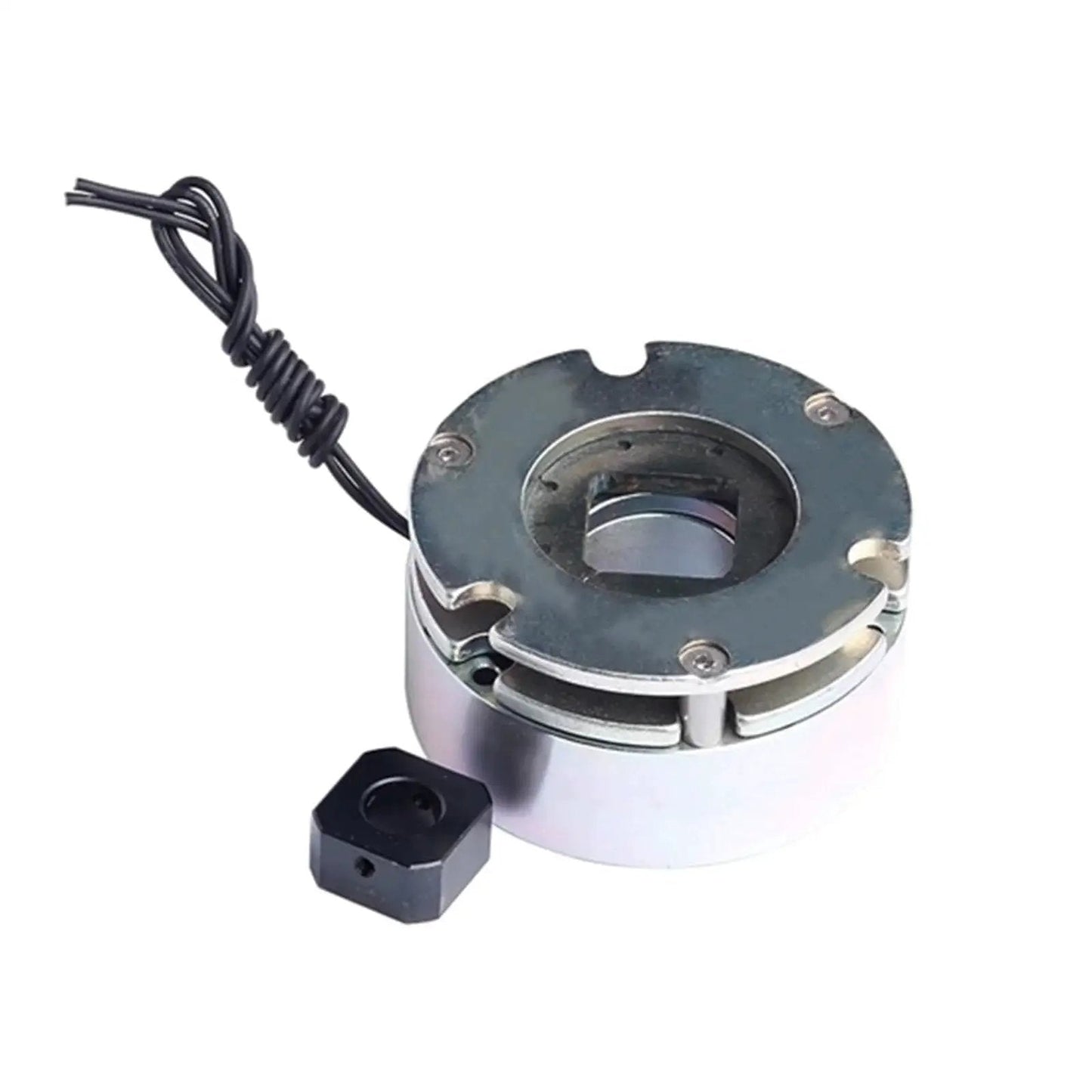 Electromagnetic Power Off Brake 24V DC for conveyors and packaging equipment, compact design, wire connection visible, front view.