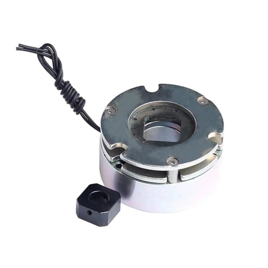 Electromagnetic Power Off Brake 24V DC for conveyors and packaging equipment, compact design, wire connection visible, front view.