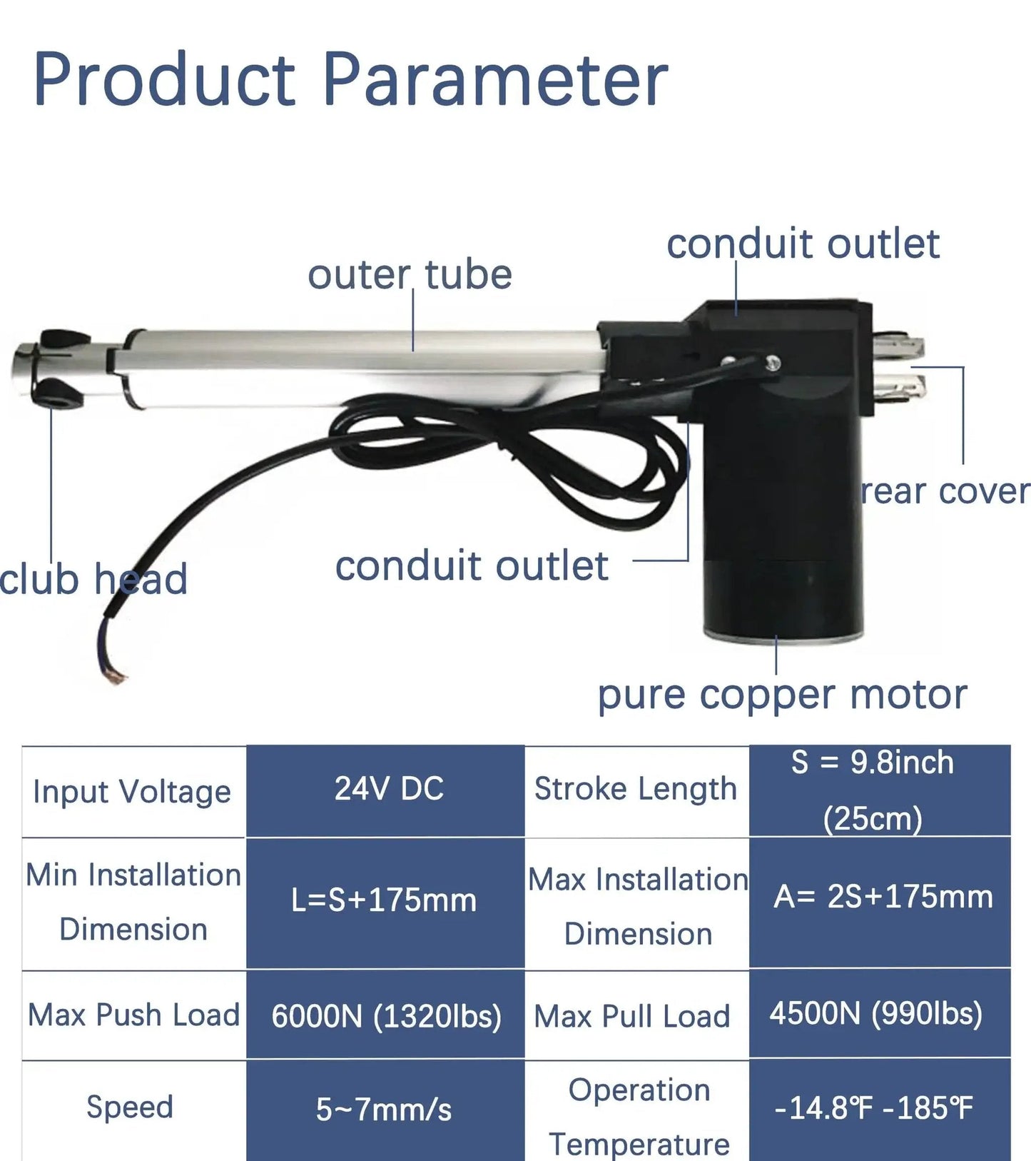 Beefy 24V DC Linear Actuator With 1320 Lbs Lift Capacity, 9.8 Inch Stroke, aluminum tube, technical parameters displayed