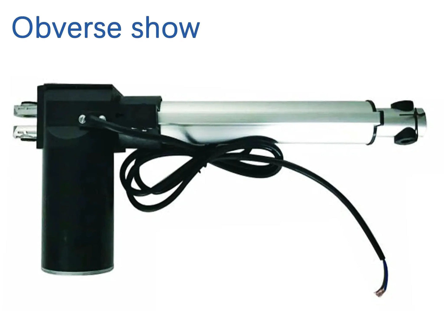 Beefy 24V DC Linear Actuator with 1320 lbs lift capacity, 9.8 inch stroke, aluminum alloy tube, side view with wires shown