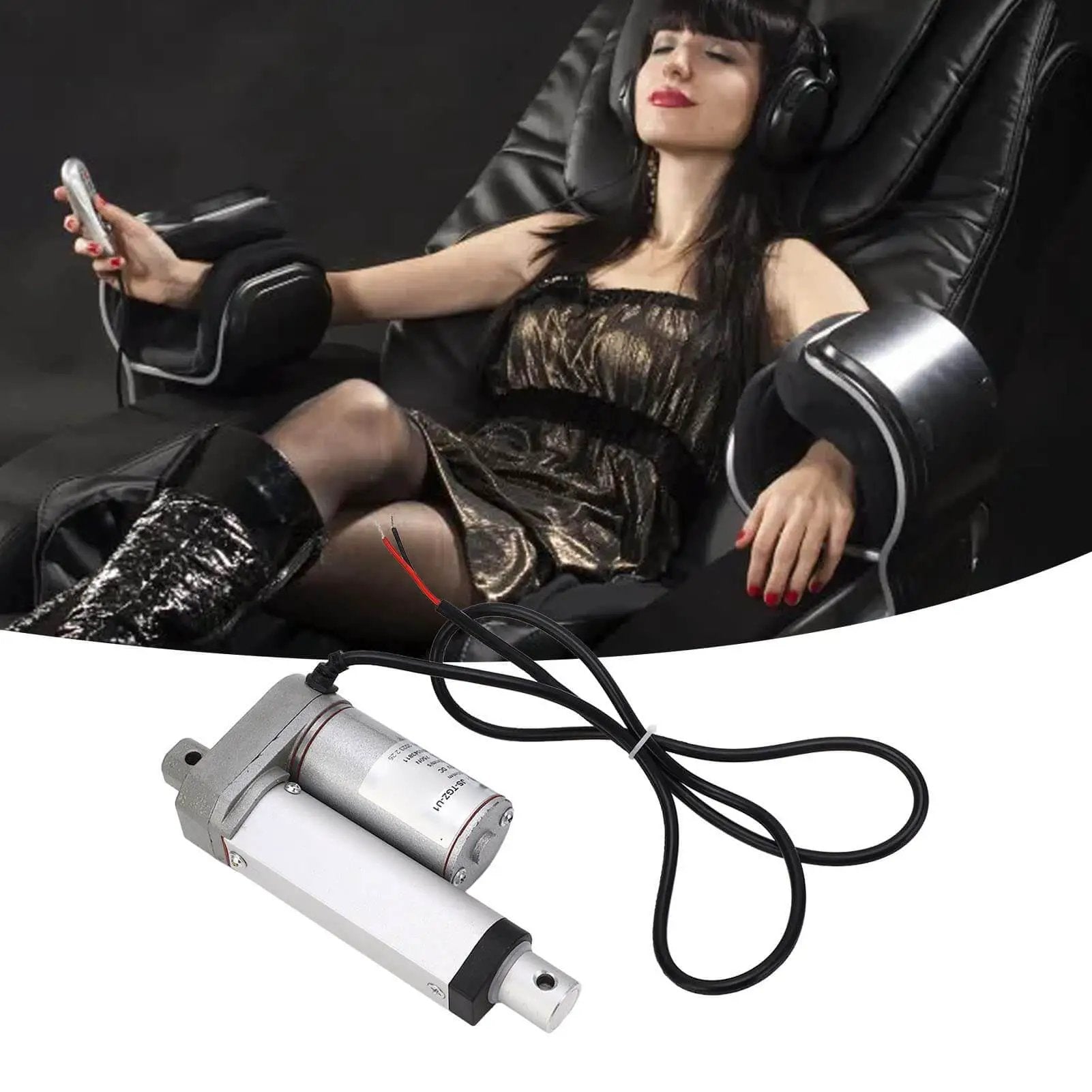 24V DC Linear Actuator With 50mm Stroke 750N Lift IP65 Aluminum Housing shown with woman reclining in chair