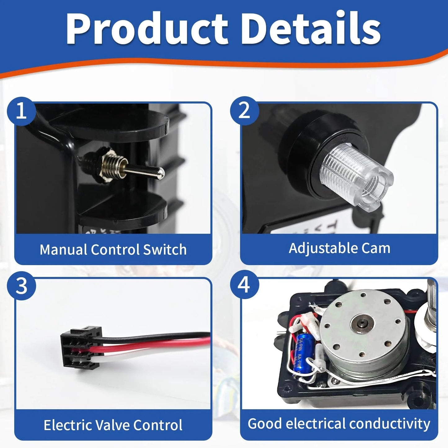 Close-up details of 24-Volt Pool Valve Actuator TPE24VA showing manual control switch, adjustable cam, and electric valve control.