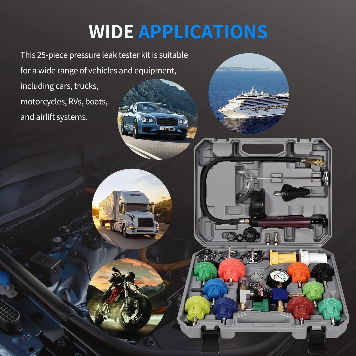 Pro Grade 25 Piece Coolant Pressure Tester And Vacuum Refill Kit For Automotive Cooling Systems in case showing color-coded caps and tools.