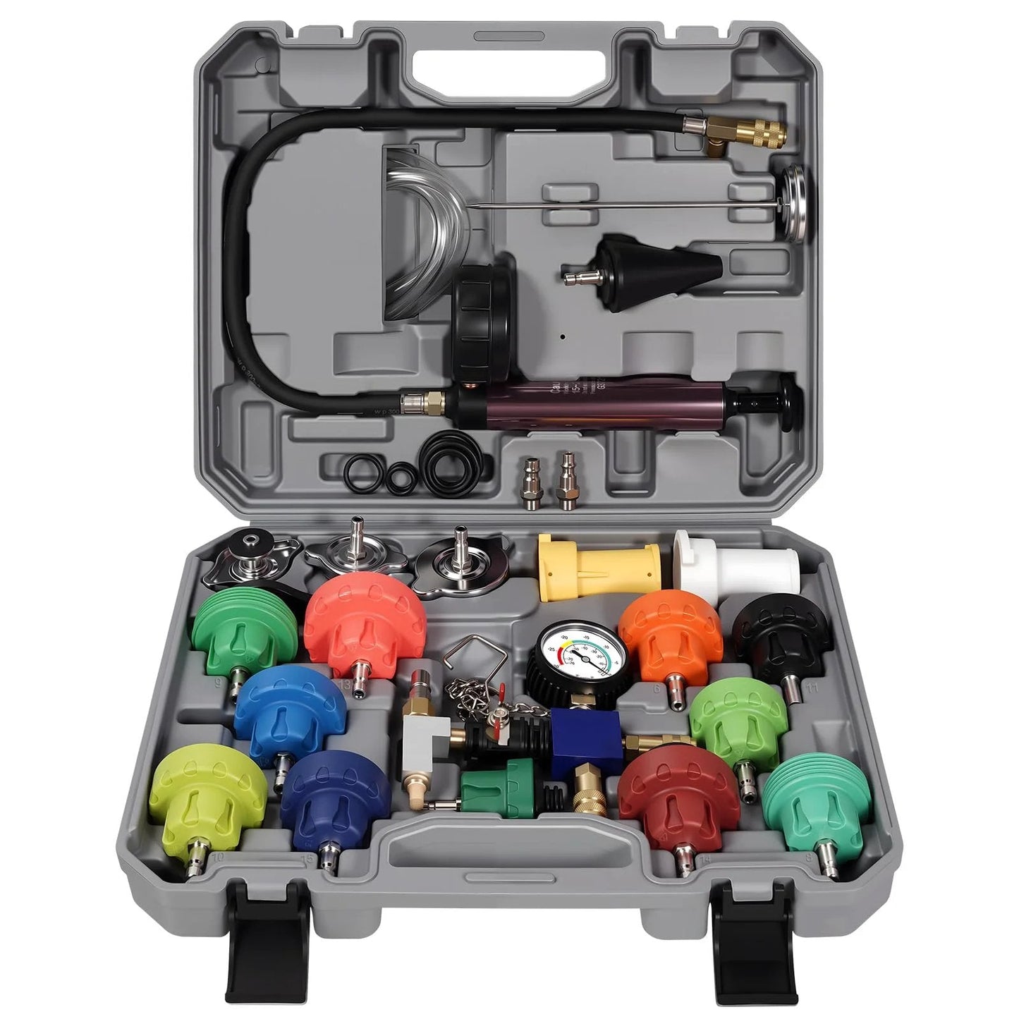 Pro Grade 25 Piece Coolant Pressure Tester And Vacuum Refill Kit For Automotive Cooling Systems in open grey case with color-coded caps and tools.
