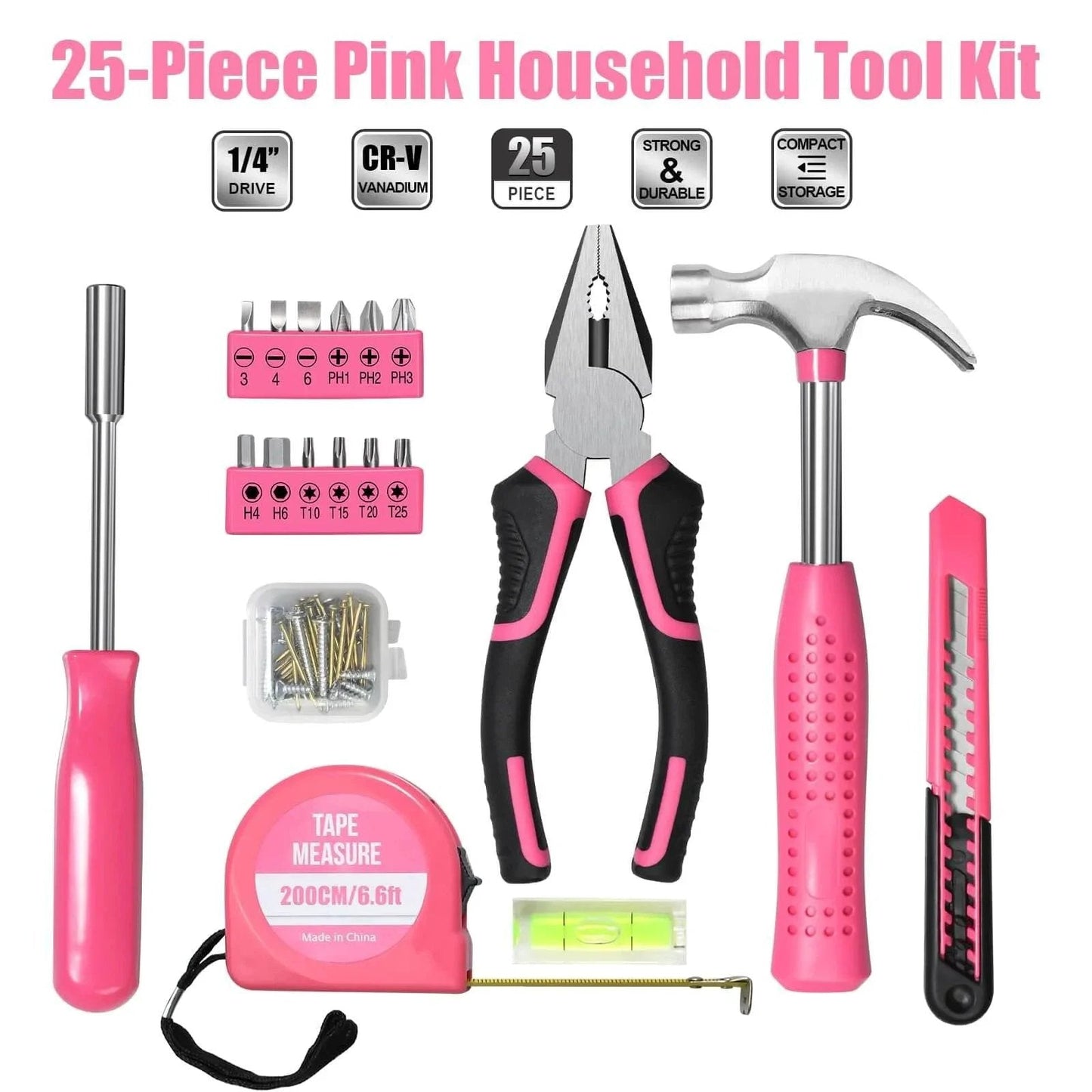 25 Piece Pink Tool Set for Women Portable DIY Home Repair Kit with Beginner Friendly Tools including hammer and pliers