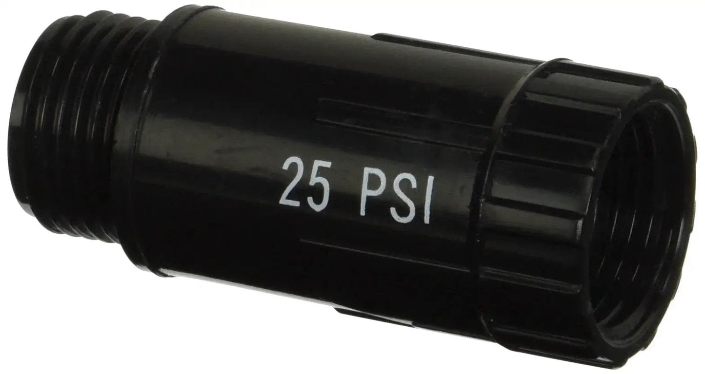Drip Irrigation Faucet Pressure Regulator 25 PSI For Hose Systems, black cylindrical design with visible threading, close-up view