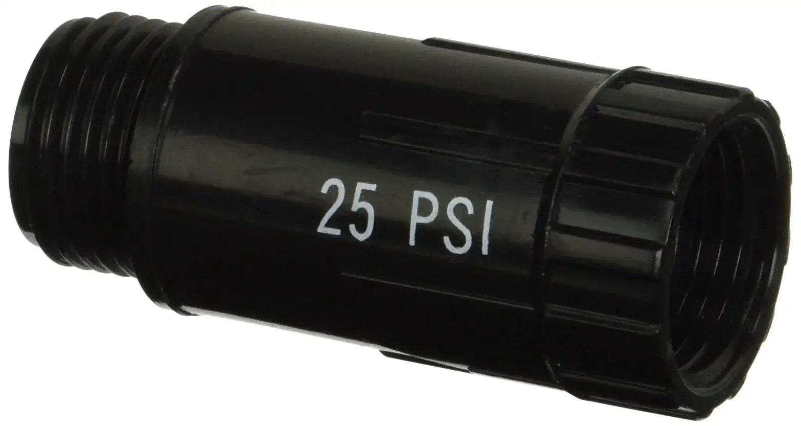 Drip Irrigation Faucet Pressure Regulator 25 PSI For Hose Systems, black cylindrical design with visible threading, close-up view