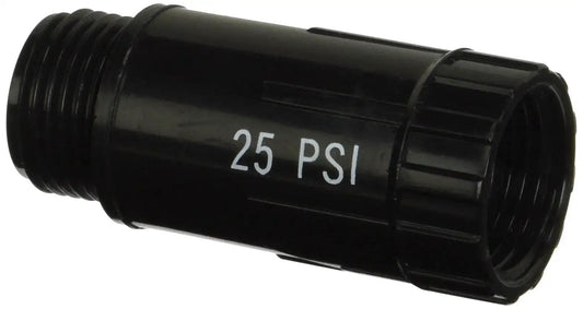 Drip Irrigation Faucet Pressure Regulator 25 PSI For Hose Systems, black cylindrical design with visible threading, close-up view
