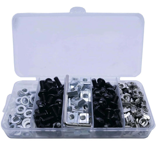 250 Pcs M5 T Nuts and Screws Assortment Kit for 2020 Series Aluminum Extrusion with Black Finish Including 50 Slide In T Nuts Drop In T Nuts M5 x 8mm Screws M5 x 10mm Screws Washers and Wrench for CNC and Frame Builds