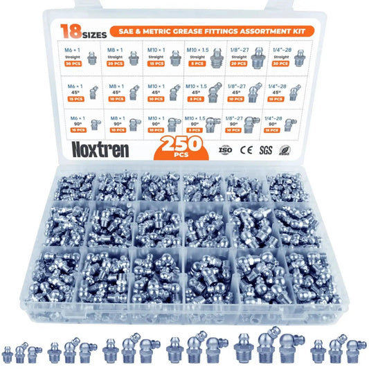 Grease Fittings Kit 250 Piece Assortment With 18 SAE And Metric Zerk Fittings Including UNF NPT 1/4 and 1/8 In M6 M8 M10 in case