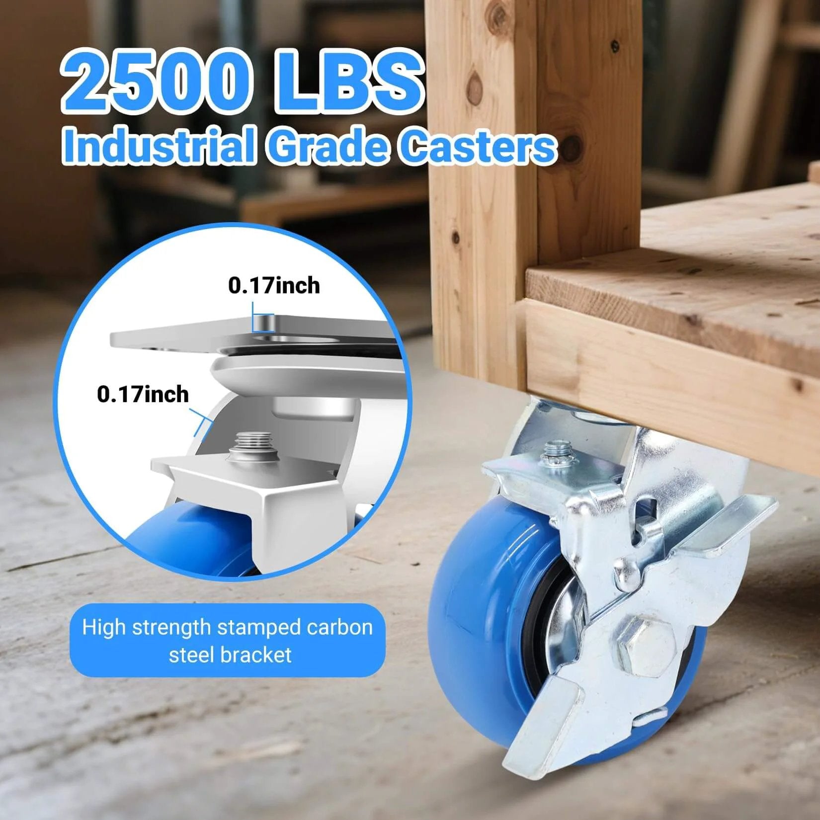 4 Inch Heavy Duty Casters with smooth rolling PU wheels and brakes under wooden table, industrial grade design for 2500 lbs total
