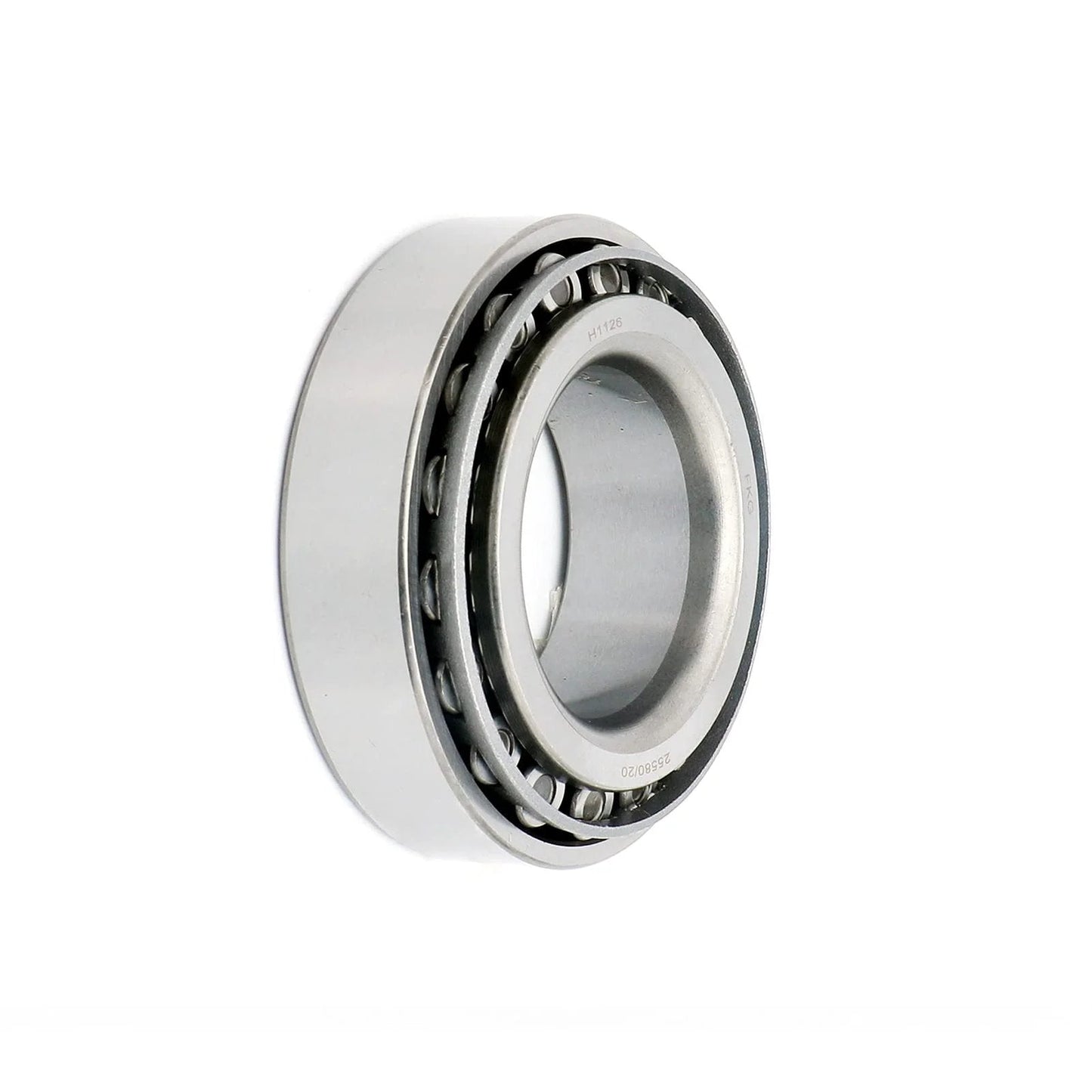 Side view of 25580/25520 Tapered Roller Bearing Cup and Cone Set, Set of 4, showing metal construction and roller bearings.