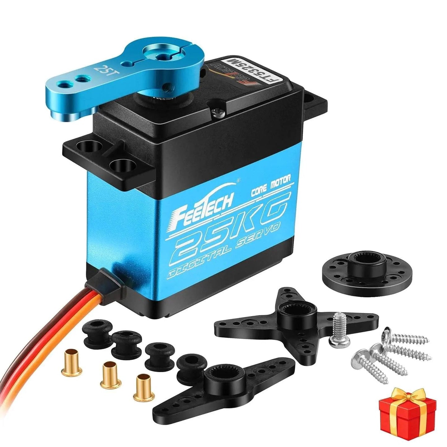 RC Servo 25KG Servo Motor 7.4V High Voltage High Torque Waterproof Full Metal Gear Digital Servo, Aluminum Case, shown with accessories